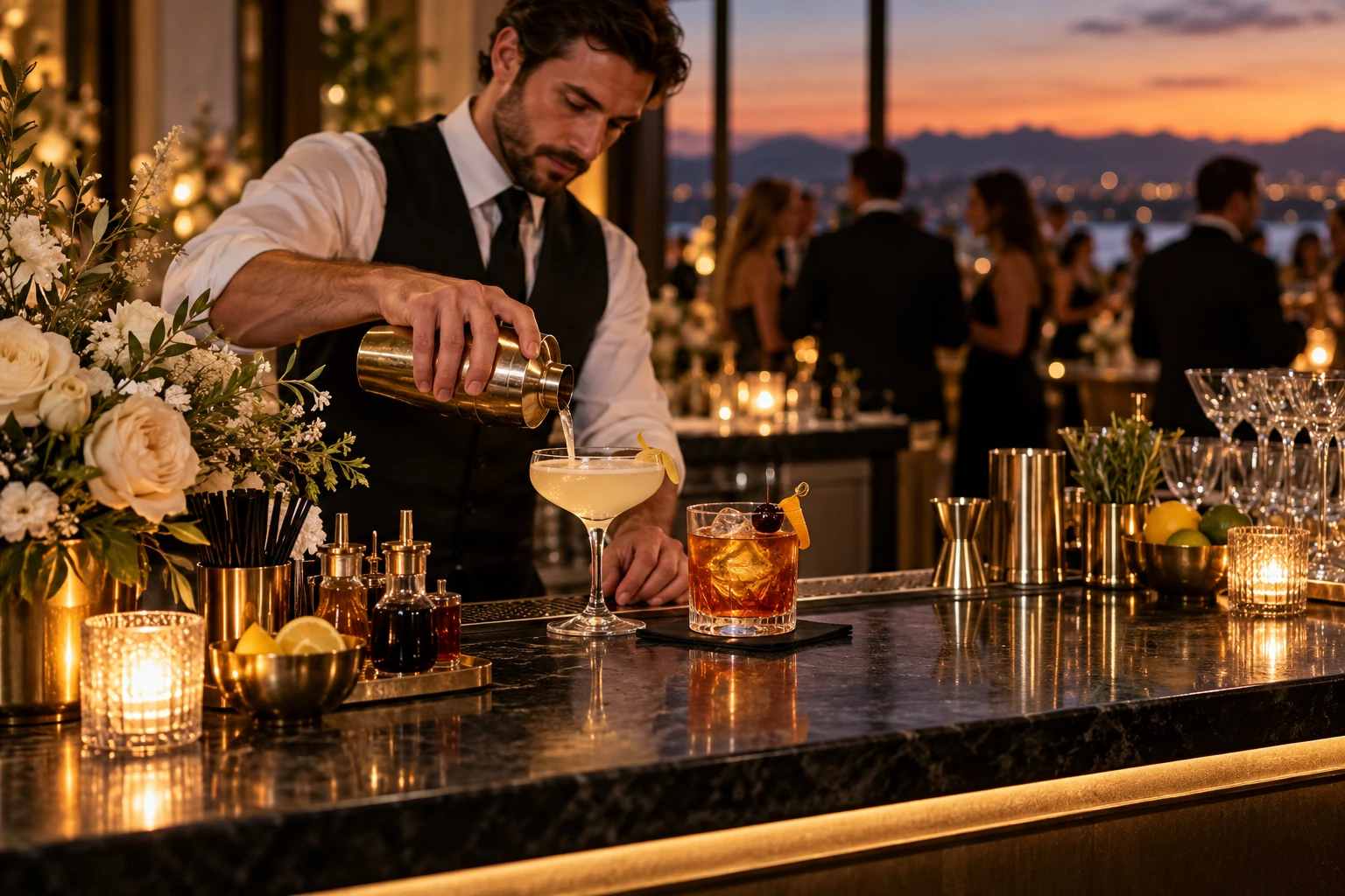 A professional bartender preparing a cocktail at an elegant event bar