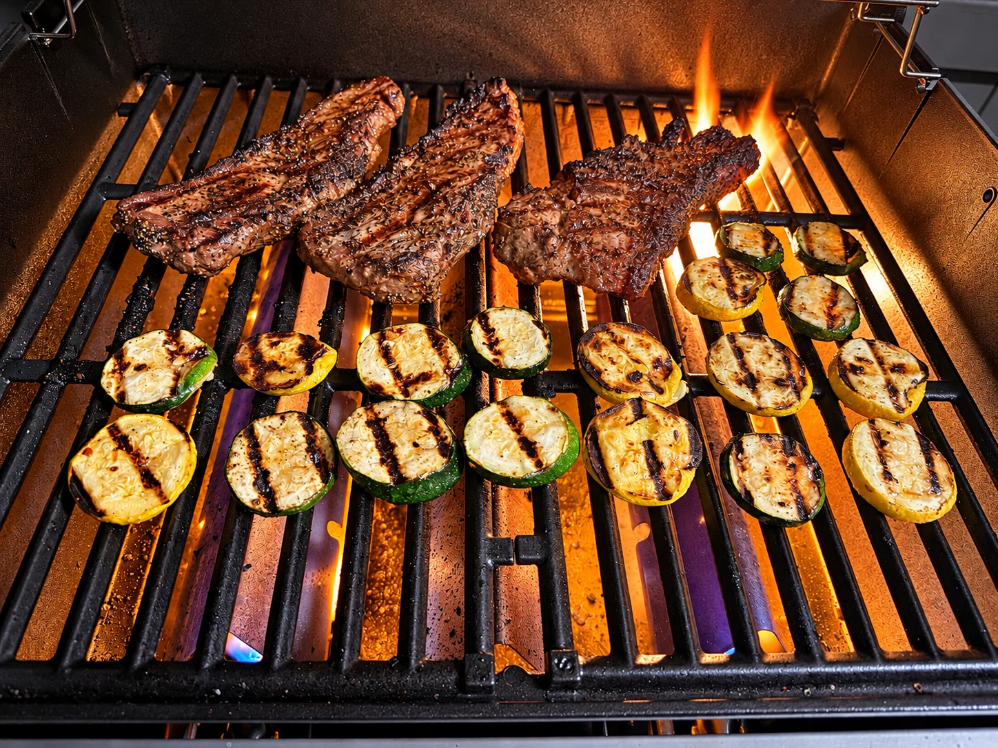 Steaks, zucchini, and yellow squash cooking on the grill