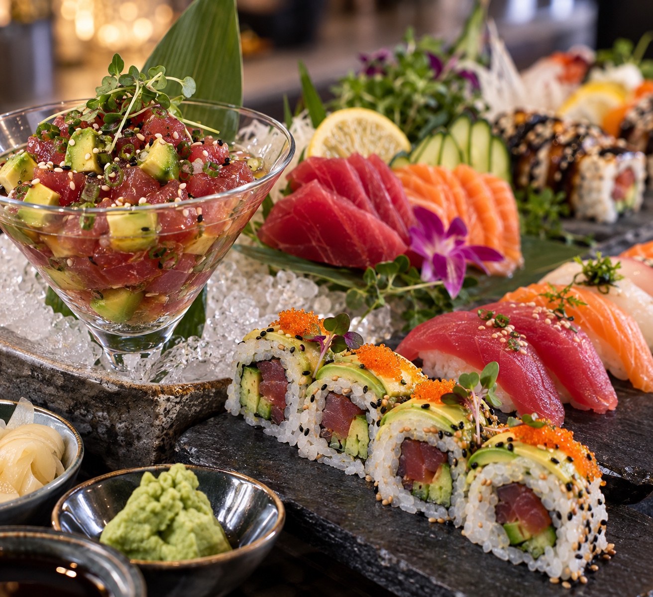Sushi and sashimi presentation with fresh accompaniments