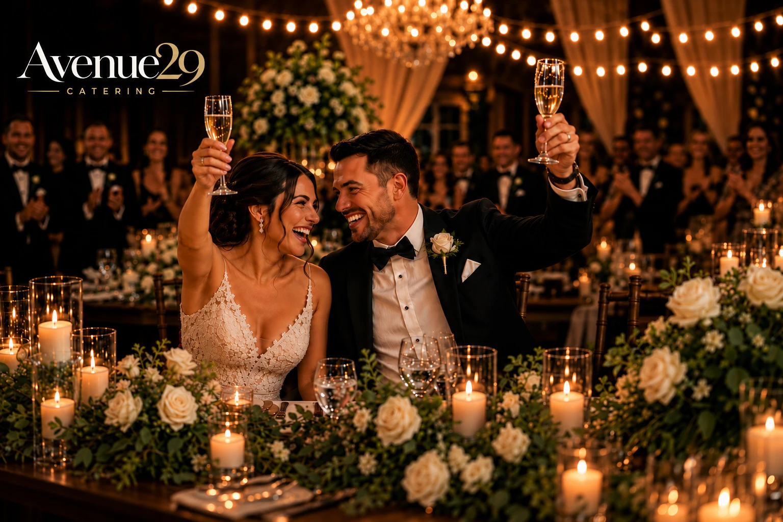 A wedding couple raising champagne glasses beneath warm lights, with the current Avenue29 Catering logo